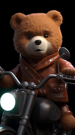 Cute teddy bear sitting on a motorcycle. Isolated on black background.の素材