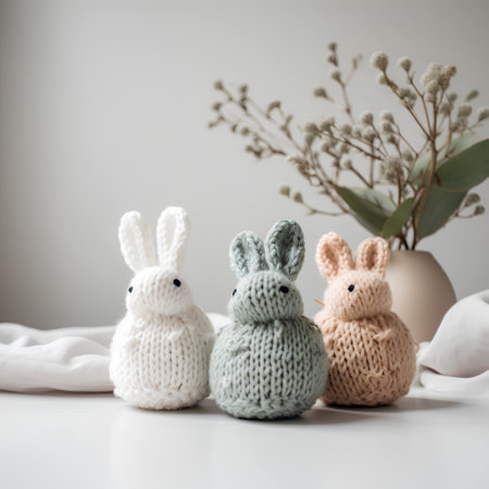 Handmade knitted Easter bunnies with ears on a white backgroundの素材