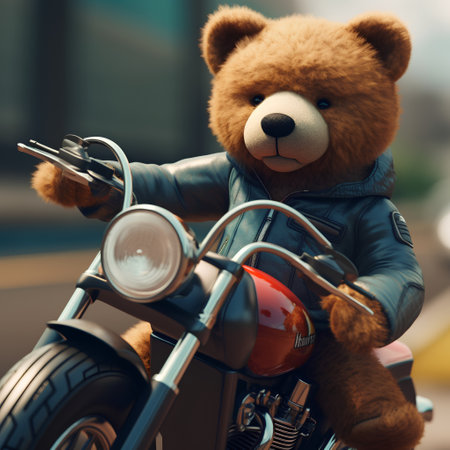 Cute teddy bear on a motorcycle. Toned image.の素材