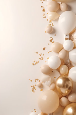Festive background with white and gold balloons and golden confetti.の素材