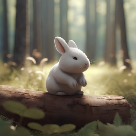 White rabbit sitting on a log in the forest. Retro style.の素材