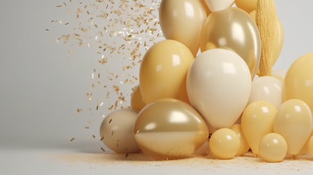 3d render of golden and white balloons with confetti and ribbonsの素材