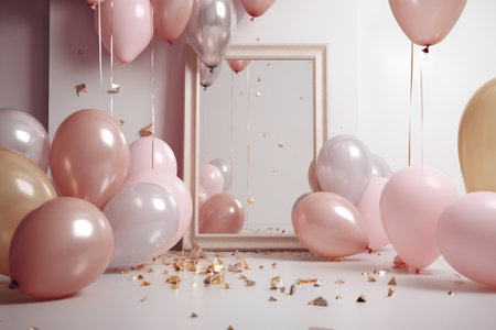 3d render of blank golden frame with pink and golden balloons and confettiの素材