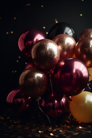Festive background with golden and red balloons and confetti on blackの素材