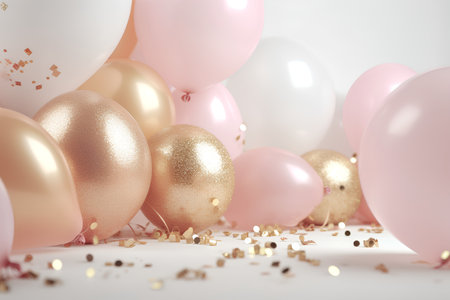 Easter background with golden and pink balloons and confetti. 3d renderの素材
