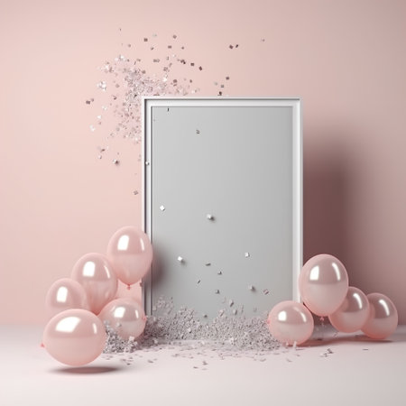 3d illustration of white door with pink balloons and confetti.の素材