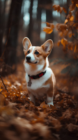 Welsh Corgi Pembroke stands in the autumn forestの素材