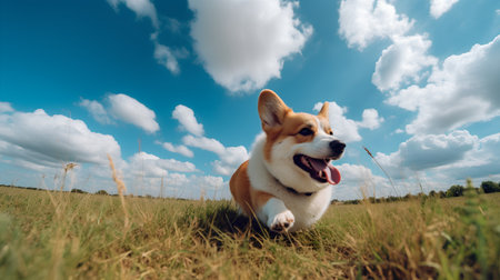 Cute Welsh Corgi Pembroke dog running in summer field.の素材