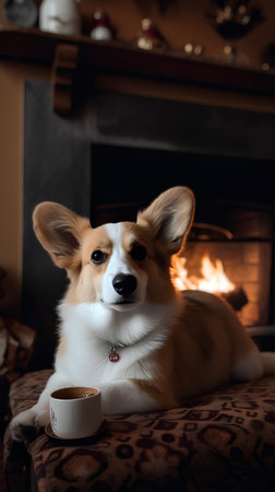Welsh corgi dog with a cup of tea in front of the fireplaceの素材