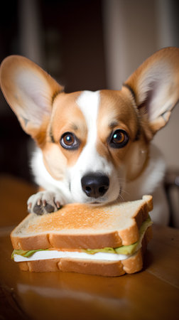 Cute welsh corgi dog sitting on a slice of breadの素材