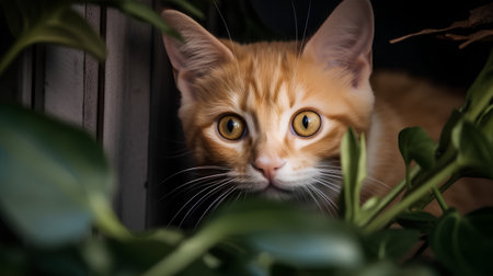 Cute ginger cat hiding in green leaves. Close up portrait.の素材
