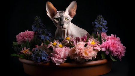 Sphynx cat with flowers in clay pot on black backgroundの素材