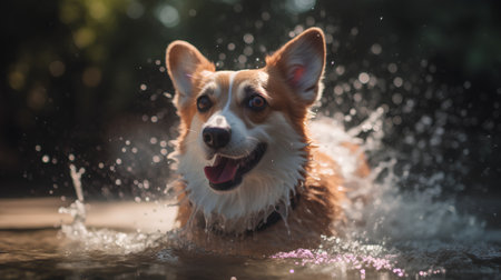 Welsh Corgi Pembroke playing in the waterの素材