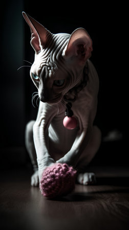 Sphynx cat sitting on the floor with pink wool ball.の素材
