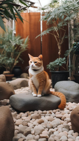 Cute ginger cat sitting on a rock in a cozy garden.の素材