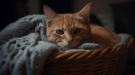Cute ginger cat in a basket on the couch. Selective focus.の素材