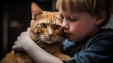 Cute little boy with red cat at home, close-upの素材