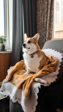 Cute welsh corgi dog wrapped in plaid at homeの素材