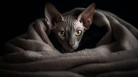 Sphynx cat wrapped in a blanket on a black backgroundの素材