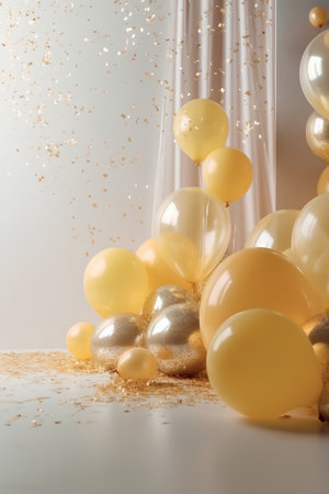 golden balloons and confetti on a white background with copy spaceの素材