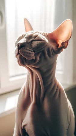 Beautiful Sphynx cat on the windowsill at home.の素材