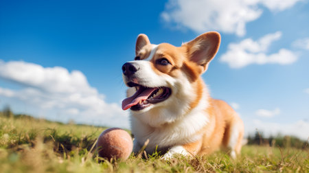 Welsh Corgi Pembroke lying on the grass with blue sky backgroundの素材