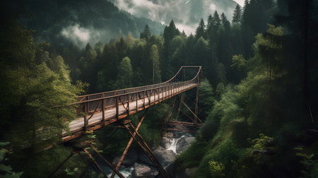 Fantastic aerial view of the wooden bridge over the river. Dramatic and picturesque scene. Location place Carpathian, Ukraine, Europe. Artistic picture. Discover the beauty of earth.の素材
