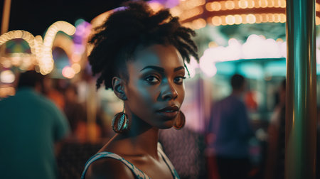 Beautiful african american woman with afro hairstyle posing at amusement park.の素材