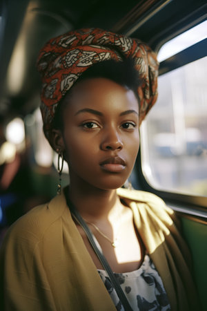 Portrait of beautiful african american woman in a bus.の素材