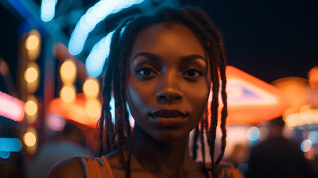 Beautiful african american girl with dreadlocks in the city at nightの素材