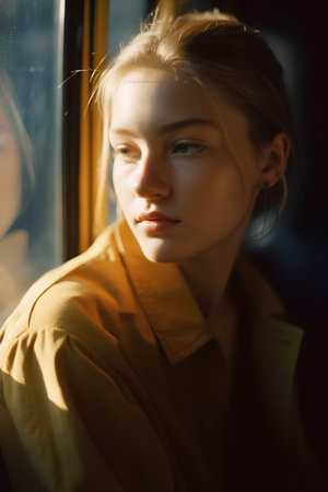 portrait of a girl in a yellow raincoat in the windowの素材
