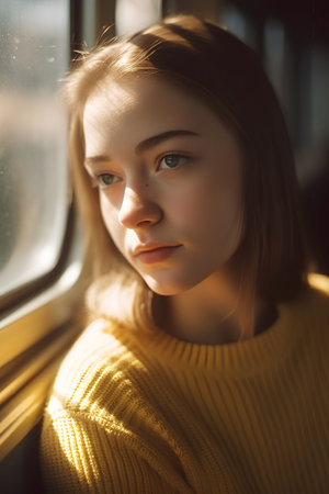 portrait of a beautiful girl in a yellow sweater on the trainの素材