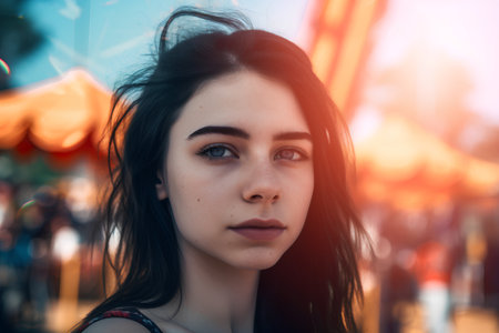 Portrait of a beautiful girl on a background of amusement park.の素材