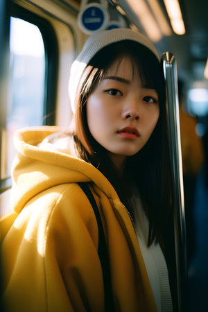Beautiful young asian woman in yellow coat traveling by train.の素材