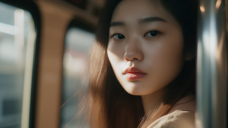 Portrait of beautiful asian woman in train,vintage toneの素材