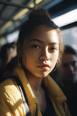 Portrait of a beautiful girl in a yellow jacket on the subwayの素材