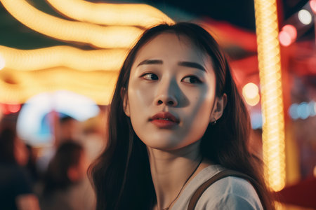 Beautiful young asian woman walking in the city at night.の素材