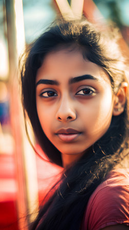 Portrait of a beautiful indian girl in the park. Outdoor shot.の素材