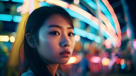 Portrait of a beautiful asian girl in the city at nightの素材