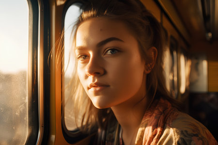 Portrait of a young beautiful girl in a train. The girl looks out the window.の素材