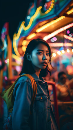 Portrait of a beautiful young asian woman on amusement park.の素材