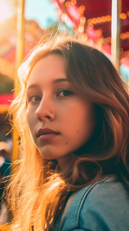 Portrait of a beautiful girl with long hair on the background of a carousel.の素材
