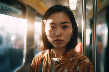 Portrait of a young asian woman in the subway train.の素材