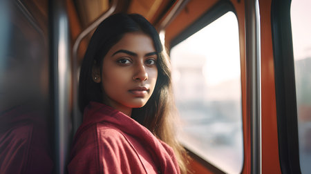 Beautiful young woman in red coat standing in the train and looking awayの素材