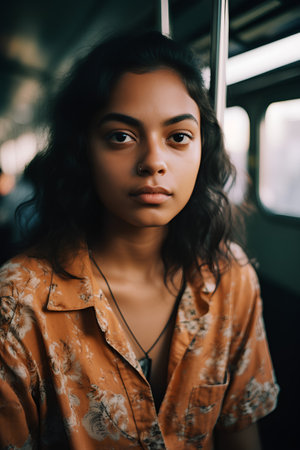 young african american woman looking away while riding in tramwayの素材