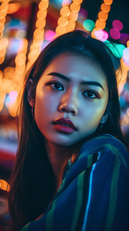 beautiful asian girl with colorful bokeh background at nightの素材