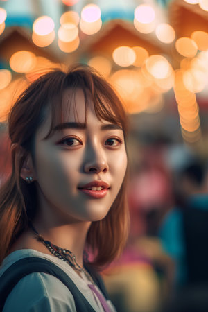 Beautiful asian woman on the street with bokeh backgroundの素材