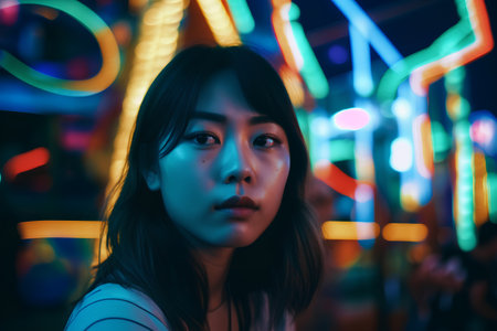 Young asian woman looking at camera in the amusement park at nightの素材