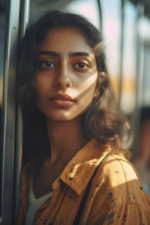 Portrait of a beautiful brunette girl in a yellow jacket.の素材
