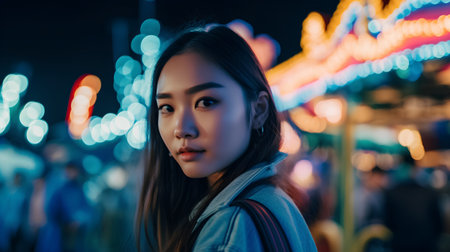 Portrait of beautiful young asian woman walking on street at nightの素材